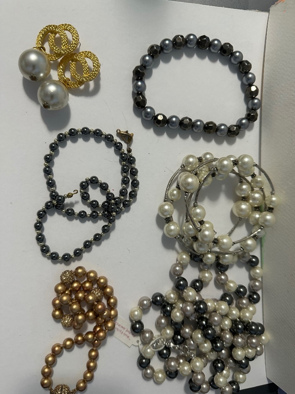 Costume Pearl Jewelry Lot Necklace Bracelets & Statement Earrings Faux Pearl Mix